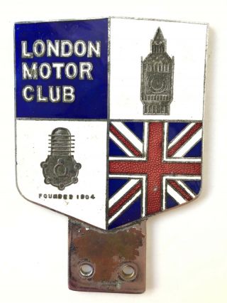 Vtg London Motor Club Metal Grill Bumper Car Enamel Badge Plaque Advertising