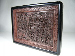 Early 1900s Chinese Deeply Carved Cinnabar Lacquer Table Screen Display Plaque