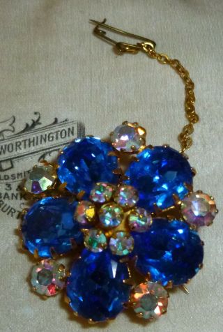 Vintage Sparkling Sapphire Blue Aurora Borealis Rhinestone Flower Brooch