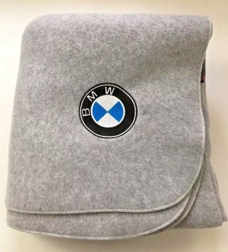 Vtg Bmw Fleece Blanket Gray Stadium Polar Patch Made In Usa Square 60” X 60”