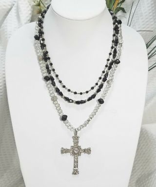 Vintage Onyx And Glass Bead Multi Strand Necklace And Silver Tone Cross Pendant