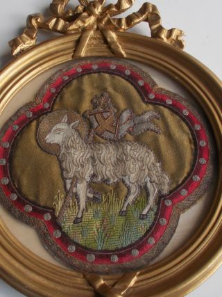 Antique French Embroidered Agnus Dei Vestment Applique French Gilt Wood Frame.