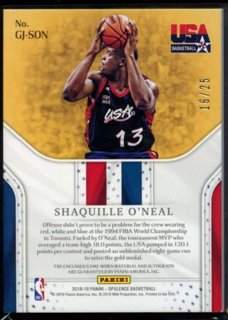 Shaquille O ' Neal Team USA Patch Auto /25 Game Panini Opulence 2018 - 19 GJ - S 2