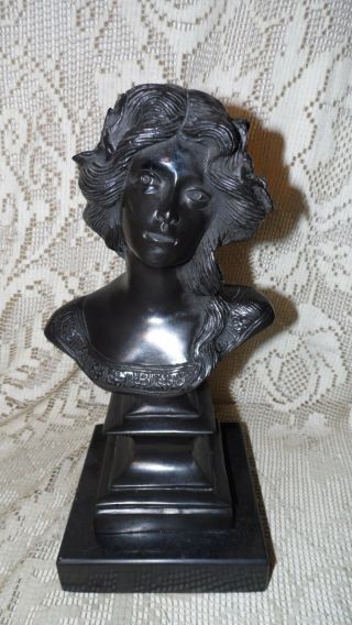 Antique Art Nouveau Victorian Bronze Marble Lady Bust With Flower In Her Hair