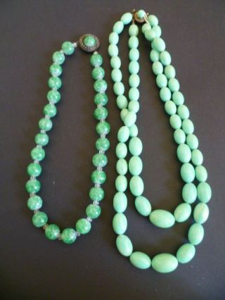Vintage 2 Strand Green Bead Necklace With Push Clasp Plus Choker