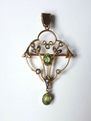 Antique Edwardian Art Nouveau 9ct Gold Peridot Pearl Brooch Pendant