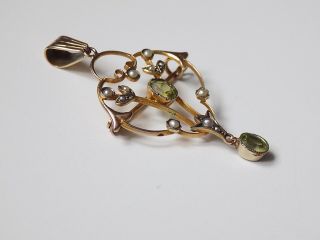 Antique Edwardian Art Nouveau 9CT Gold Peridot Pearl brooch pendant 2