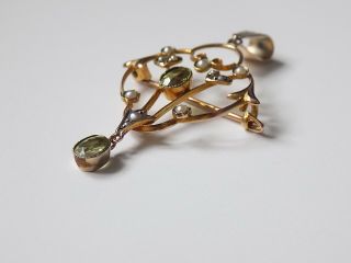 Antique Edwardian Art Nouveau 9CT Gold Peridot Pearl brooch pendant 3