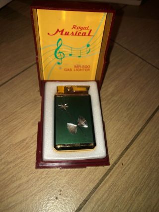 Vintage Royal Musical Butane Gas Lighter and sales/Display Case Green 2