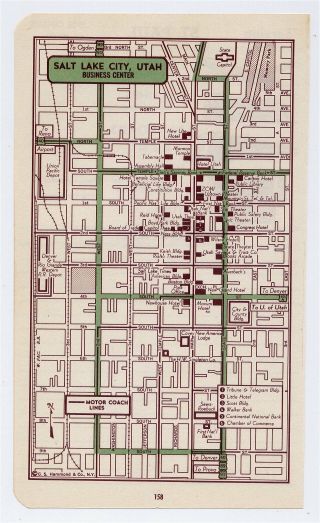 1951 Vintage Map Of Salt Lake City Utah Downtown Business Center X