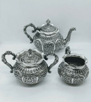 Antique Indian Silver 3 - Piece Presentation Teaset,  Kutch (cutch) – Circa 1900