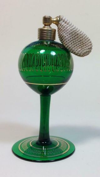 Antique Vintage Art Deco Dresser Perfume Bottle Emerald Glass Atomizer Gold Trim