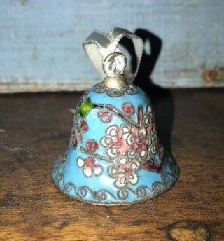 Vintage Aqua Brass Cloisonne Enamel Bell Ornament Floral Bird 2”
