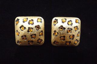 Vintage Signed Craft Brushed Gold Tone Amber Rhinestone Leopard Clip On Earrings