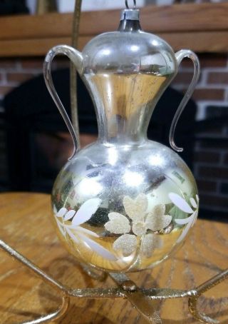 Vtg Antique Glass Flower Hand Painted Silver Vase Jug Christmas Ornament Mica