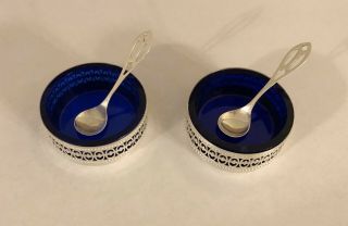 Sterling Cobalt Blue Glass Set Of 2 Matching Webster Salt Cellars With Spoons
