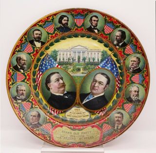 Spectacular Vintage 1908 President William H.  Taft & Sherman Gop Tin Tray Plate