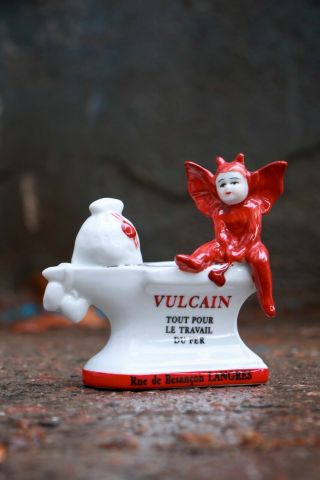 Antique French Devil Vulcain Match Holder And Striker Vintage Porcelain Figurine