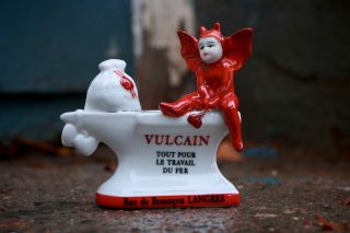 Antique French Devil Vulcain Match Holder and Striker Vintage Porcelain Figurine 2