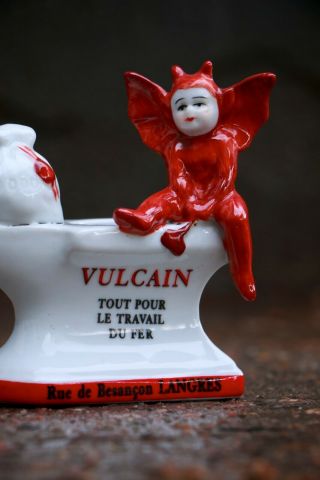 Antique French Devil Vulcain Match Holder and Striker Vintage Porcelain Figurine 3