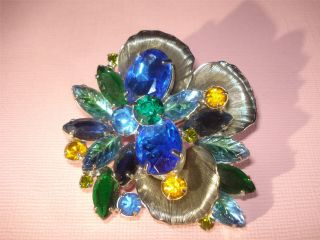 Exceptional,  Vtg,  High End,  Flower Brooch,  Cobalt Blue,  Green,  Amber,  Givre Rhinestones