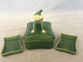 Vintage Ceramic Pixie Elf Green Cigarette Holder And Ashtrays Japan