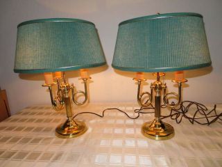 Pair Vintage French Horn Bouillotte Alsy Usa Brass 3 Arm Candle Lamps Shades