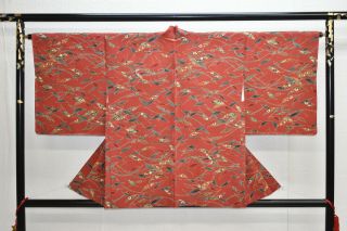 Vintage Silk Kimono Jacket:falling Red Brown Leaves@yw51
