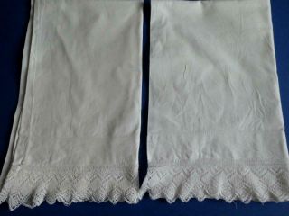 Pair Vintage White Irish Linen Pillow Cases Crocheted Lace Opening 18.  5 " X 31 "