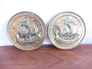 Found Two Vintage Repousse Brass Hanging Wall Plaques Of Sail Ships