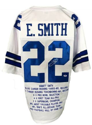 Emmitt Smith Autographed Pro Style White Stat Jersey Psa/dna Authenticated