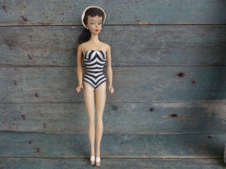 Vintage 1959 Tm 58 Brunette Barbie Doll W/ Stripped Swimsuit Cork Shoes Hat