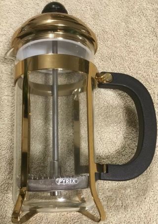 Vintage Pyrex French Coffee Press Gold Chrome Trim Approx: 7.  5 " Height & 1 - 2 Cup