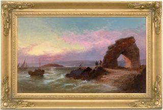 Sunset On The Coast Antique Oil Painting By George Henry Jenkins (1843 - 1914)