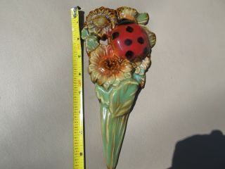 Rare Vintage Ceramic Wall Hanging Plaque Flowers With Ladybug Old Piece