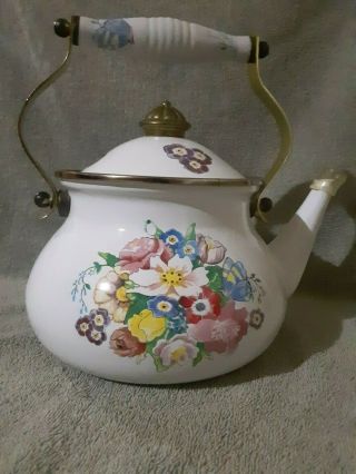 Lincoware Vintage Enamel Teapot/kettle With Lid Porcelain Handle Floral Print