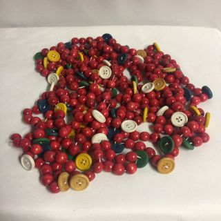 Vtg Christmas Red Wooden Garland W Wooden Buttons 2 Strands 16 Ft Dbl Threaded