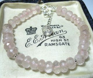 Vintage Style Jewellery 925 Solid Silver Natural Pink Rose Quartz Stone Bracelet