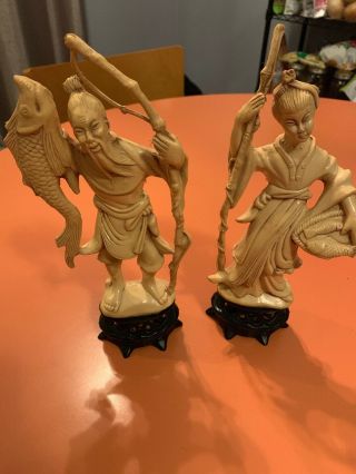 Vintage Resin Ivory Color Figurines,  Asian Woman And Man Carrying Fish,  Made In