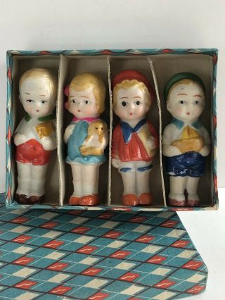 Vintage Set Of 4 Bisque Penny Dolls Box Hand Painted Bisque 1920’s - 30’s