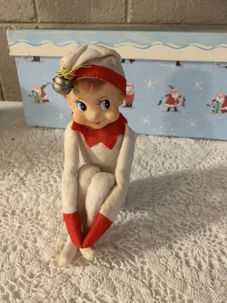 Vintage Knee Hugger Elf On Shelf White Felt Christmas Pixie W Bell On Hat Japan
