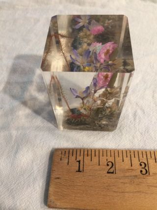 Vintage Signed W.  Rolfe Paperweight Acrylic Lucite With Pink & Purple Flowers
