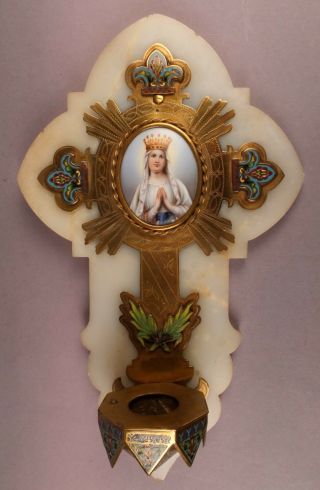 Fine Antique Enamel Bronze Holy Water Font with Miniature of Maria on Porcelain 3
