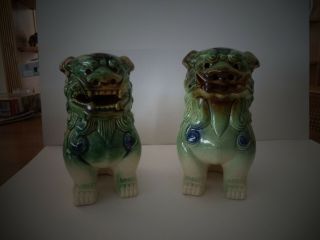 Vintage Pair Chinese Ceramic Temple Lion Foo Dogs Green/blue 7 1/2 " Tall