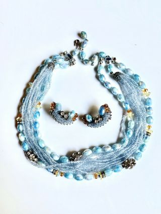 Stunning Vintage By Robert Blue Glass Multi Strand Necklace & Clip Ers