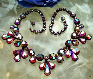 Regency Vintage Signed Red Ab Rhinestone Faceted Glass Bib Necklace