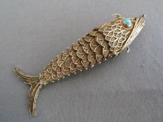 Vintage Filigree Gold Wash Sterling Articulating Koi Fish Trinket Box Pendant