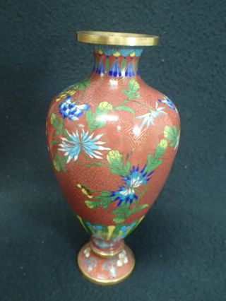 Vintage Chinese Cloisonne Enamel Brass Maroon & Blue Floral Vase 9 1/2 