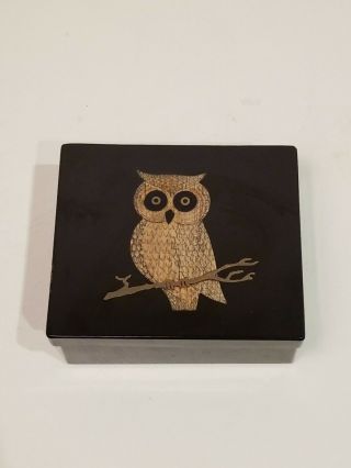 Vintage 1970s Couroc Of Monterey Inlaid Wood And Enamel Owl Hinged Trinket Box