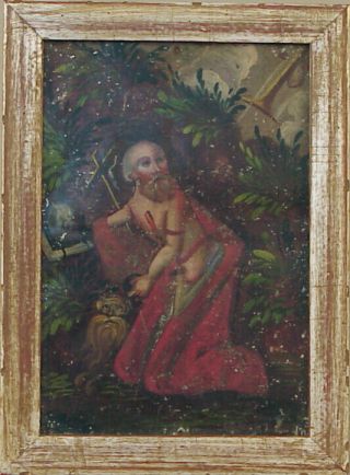 Antique Religious Painting On Tin – St.  Jerome - Framed
